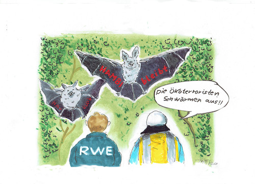 Cartoon: Hambi bleibt (medium) by Skowronek tagged rwe,hambacher,forst,bechsteinfledermaus,braunkohle,klima,co2