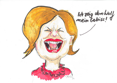 Cartoon: Julia Klöckner zeigt ihre Gebiss (medium) by Skowronek tagged wolf,jagd,jäger,julia,klöckner,wildtiere,schafe,rehe,abschuß,skowronek,cartoon