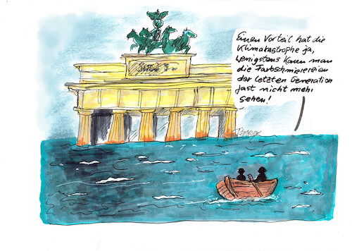 Cartoon: Letzte Generation (medium) by Skowronek tagged brandenburger,tor,letzte,generation,klima,überschwemung,co2,fossile,energie,hitze,klimakatstrophe,wasser,boot,skowronek,cartoon