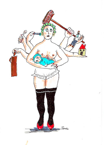 Cartoon: Mehrfachbelastung (medium) by Skowronek tagged frauen,männer,emanzipation,gleichberechtigung,skowronek,cartoon,geld,gehalt,beruf,frauen,männer,emanzipation,gleichberechtigung,skowronek,cartoon,geld,gehalt,beruf