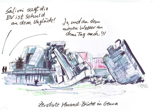 Cartoon: Morandi-Brücke in Genua (medium) by Skowronek tagged italien,brücke,salvini,unglück,autos,lkw