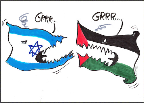 Cartoon: Nahostkonflikt (medium) by Skowronek tagged palästina,israel,krieg,nationalisten,waffen,moslems,juden,agression,nahostkonflikt,usa,iran,hamas