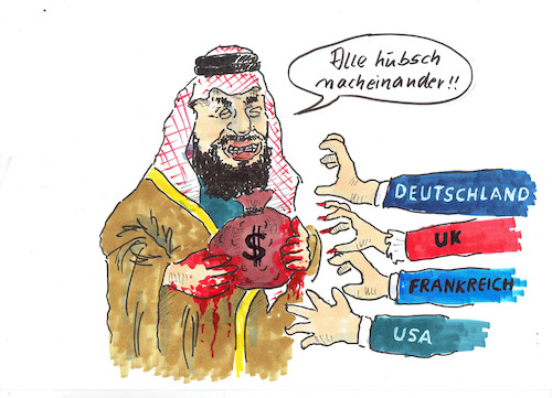 Cartoon: Rüstungsexport (medium) by Skowronek tagged kashoggi,saudi,arabien,botschaft,journalist,mord,türkei,knochensäge,eu,rüstungsexport,deutschland,großbritanien,usa,frankreich,waffen,panzer,dollar,jemen