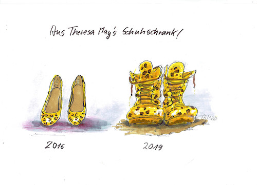 Cartoon: Theresas Schuhe (medium) by Skowronek tagged brexit,theresa,may,eu,schuhe,kampfstiefel,schlamm,schmutz,referendum,skowronek,cartoon