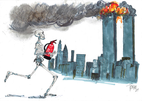 Cartoon: World Trade Center (medium) by Skowronek tagged world,trade,center,twin,towers,al,kaida,osama,bin,laden,manhatten,tod,skelett,feuerlöscher,skowronek,terror,cartoon