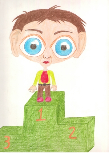 Cartoon: winner boy (medium) by paintcolor tagged one,number,place,first,pedestal,boy,winner,caricature