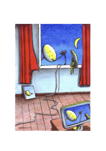 Cartoon: Aussicht mit Satellitenschüssel (medium) by Mehmet Karaman tagged fenster,bildschirm,computer,katze,satellitenschüssel