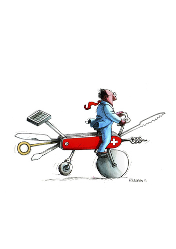 Cartoon: Schweizer Taschenmesser (medium) by Mehmet Karaman tagged taschenmesser,solar,fahrrad,solarpanel