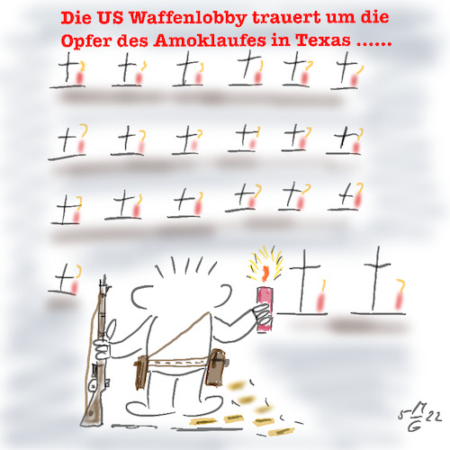 Cartoon: Amoklauf an Grundschule in Texas (medium) by legriffeur tagged waffen,amoklauf,amok,waffenverkauf,usa,texas,waffenrecht,waffenschein,waffenbesitz