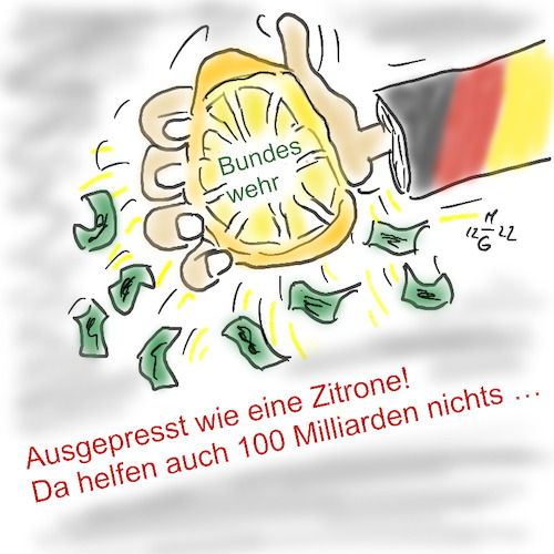 Cartoon: Ausgepresst (medium) by legriffeur tagged krieg,verteidigung,deutschland,politik,europa,verteidigungsministerin,nato,verteidigungsministerium,ukrainekonflikt,sparmaßnahmen,verteidigungsfähig,verteidigungsetat