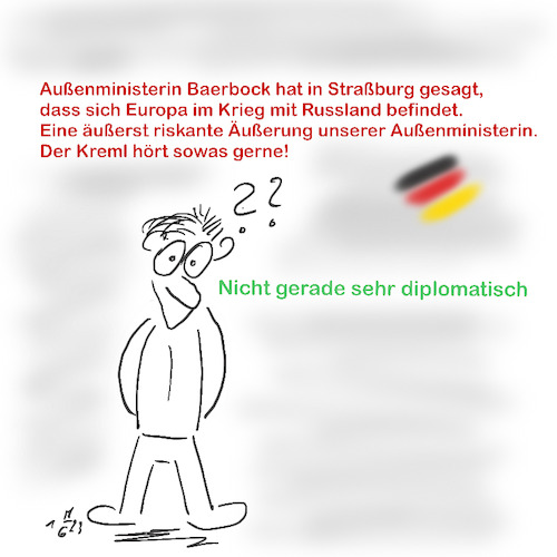 Cartoon: Brisante Aussage Baerbocks (medium) by legriffeur tagged deutschland,aussenpolitik,außenministerin,außenministerinbaerbock,russland,ukrainekonflikt,ukrainekrieg,europa,europarat,nato,verteidigung,krieg