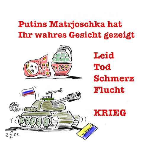 Cartoon: Das wahre Gesicht v Herrn P. (medium) by legriffeur tagged nato,deutschland,ukraine,ukrainekonflikt,ukrainekrieg,legriffeur61,krieg,flucht,vertreibung,tod,matrjoschka,putin,russland,daswahregesichtvonherrnputin