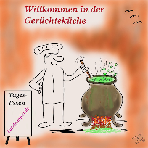 Cartoon: Gerüchteküche (medium) by legriffeur tagged gerüchte,gerüchteküche,fake,fakenews,lügen,unwahrheiten,wolfimschafspelz,nachrichten,falschenachrichten