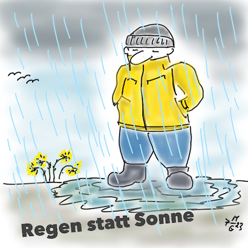 Cartoon: Ist der Sommer schon vorbei ? (medium) by legriffeur tagged sommer,wärme,hitze,regen,wetter,regenwetter,deutschland,klima,klimawandel,regenkleidung,nässe,nässeschutz,wetterschutz,gummistiefel