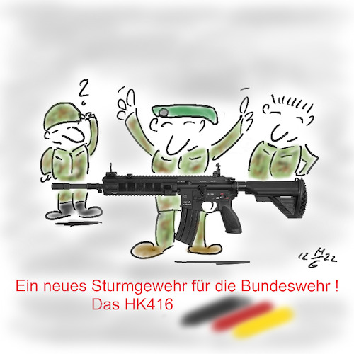 Cartoon: Neues Sturmgewehr (medium) by legriffeur tagged bund,bundeswehr,verteidigung,nato,sturmgewehr,hecklerundkoch,hk416,deutschland,verteidigungsministerium,verteidigungsministerin,verteidigungshaushalt