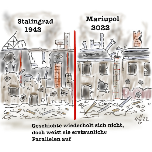 Cartoon: Parallelen (medium) by legriffeur tagged krieg,guerre,war,ukrainekonflikt,ukrainekrieg,russland,verteidigung,stalingrad,geschichtsparallelen,legriffeur61,cartoon,cartoons,cartoonsforpeace,militär,putin