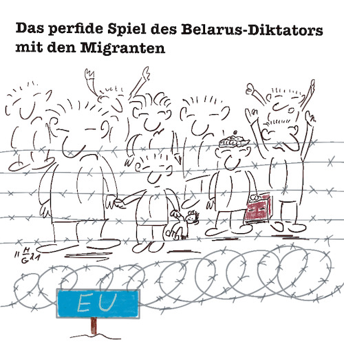 Cartoon: Perfides Spiel mit Menschen (medium) by legriffeur tagged migranten,flüchtlinge,russland,belarus,legriffeur61,europa,polen,außenpolitik,diktator,lukaschenko,frieden,krieg