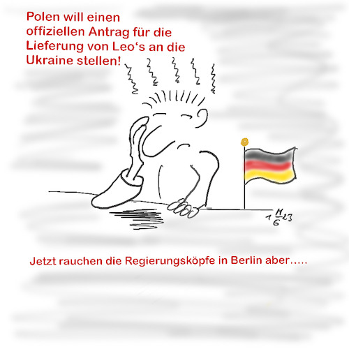 Cartoon: Rauchende Köpfe in Berlin (medium) by legriffeur tagged deutschland,polen,verteidigung,nato,panzer,panzerlieferung,ukraine,ukrainekrieg,bundeswehr,bundesregierung,kanzlerscholz