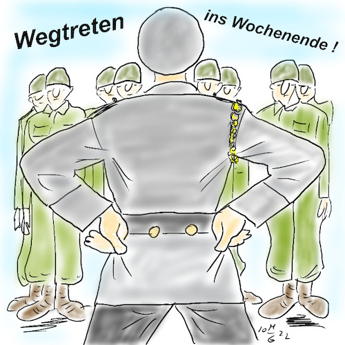 Cartoon: Wegtreten ins Wochenende (medium) by legriffeur tagged bund,bundeswehr,wochenende,antreten,kommiss,freizeit,abinswochenende,dienst,dienstschluss