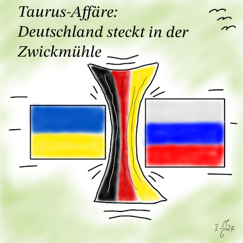 Cartoon: Zwickmühle (medium) by legriffeur tagged taurus,ukrainekrieg,zwickmühle,deutschland,marschflugkörper,waffen,waffenlieferung,russland,abhöraffäre,bundesregierung,bundeskanzlerscholz