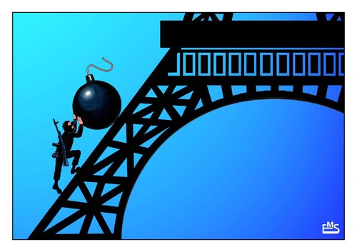 Cartoon: Eiffel and Terrorist (medium) by Makhmud Eshonkulov tagged paris,terror,france