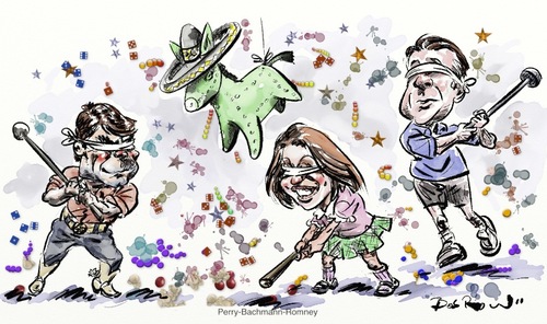 Cartoon: Fiesta-The Republican pinata (medium) by Bob Row tagged perry,bachmann,romney,latino,immigration,republican,elections