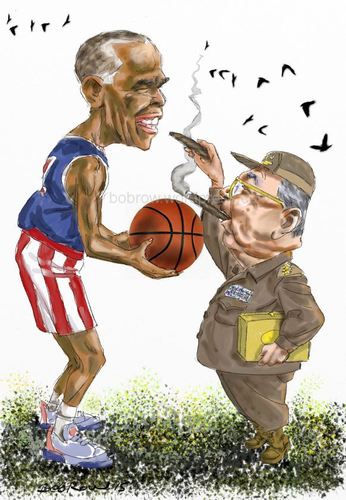Cartoon: Obama_Castro (medium) by Bob Row tagged obama,castro,cuba,usa,politics,americas,summit,caricature,cartoon,basketball,cigars
