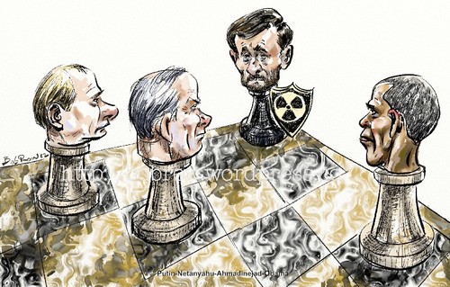 Cartoon: Sorrounded Ahmadinejad (medium) by Bob Row tagged ahmadinejad,putin,netanyahu,obama,middle,east,chess