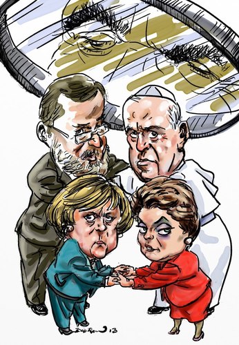 Cartoon: Spying on my friends (medium) by Bob Row tagged obama,spy,rajoy,merkel,francis,rousseff,snowden