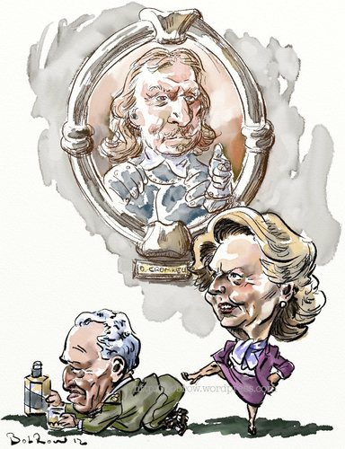 Cartoon: Thatcher kicked everybody (medium) by Bob Row tagged thatcher,cromwell,galtieri,malvinas,falklands,neoliberalism,banks
