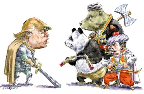 Cartoon: Trump-trade wars (medium) by Bob Row tagged trump,sword,trade,war,china,panda,russia,bear,turkey