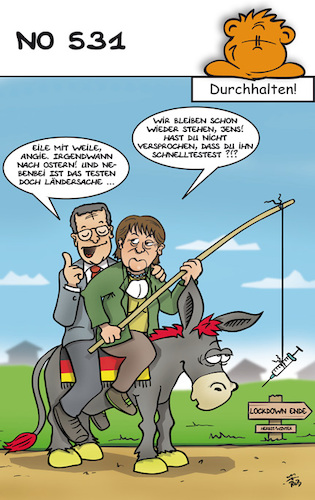 Cartoon: Durchhalten (medium) by subbird tagged corona,regierung,spahn,merkel,impfen