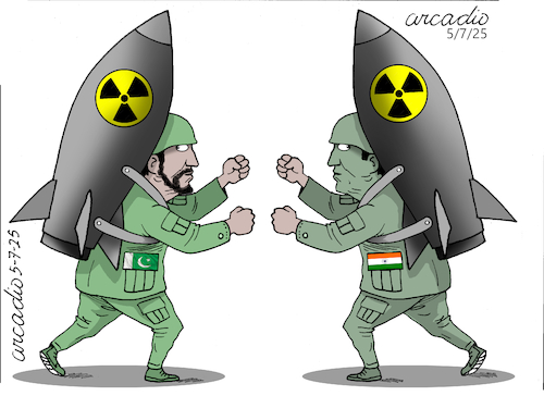 Cartoon: A WAR BETWEEN NUCLEAR POWERS (medium) by Cartoonarcadio tagged india,pakistan,war,weapons