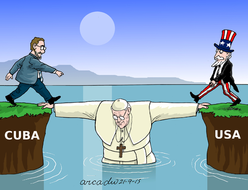 Cartoon: Bridge of the Americas (medium) by Cartoonarcadio tagged pope,cuba,usa,religion,dialogue,peace,obama,raul,castro,fidel