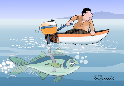 Cartoon: Fish engine. (medium) by Cartoonarcadio tagged humor,fish,gag,cartoon,happy,laughing