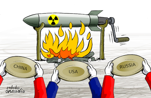 Cartoon: Hungry of weapons in cold war. (medium) by Cartoonarcadio tagged weapons,cold,war,usa,russia,china