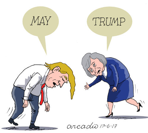 Cartoon: May and Trump in hard times (medium) by Cartoonarcadio tagged may,trump,england,america,brexit,fbi,russia