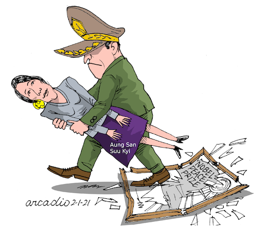 Cartoon: Military coup in Myanmar. (medium) by Cartoonarcadio tagged myanmat,military,coup