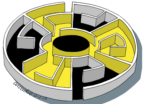 Cartoon: Nuclear labyrinth (medium) by Cartoonarcadio tagged labyrinth,nuclear,iran,north,korea
