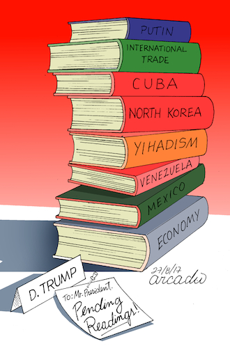 Cartoon: Pending readings (medium) by Cartoonarcadio tagged political,issues,conflicts,trump,foreign,policy