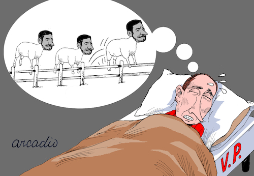 Cartoon: Putin is trying to sleep. (medium) by Cartoonarcadio tagged putin,war,russia,ukraine,zelensky