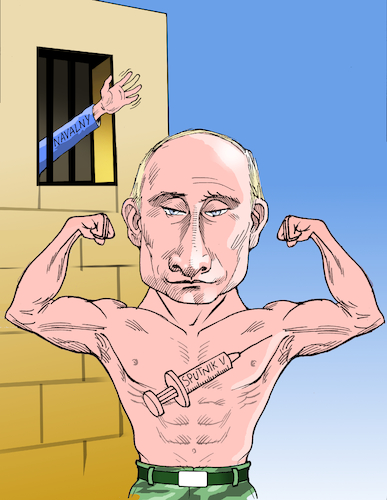 Cartoon: Putin Sputnik V y Navalny. (medium) by Cartoonarcadio tagged navalny,putin,vaccine,health,dictator