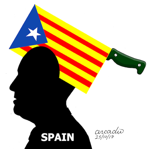 Cartoon: The headache of Spain (medium) by Cartoonarcadio tagged spain,catalonia,rajoy,puigdemon,europe,independence