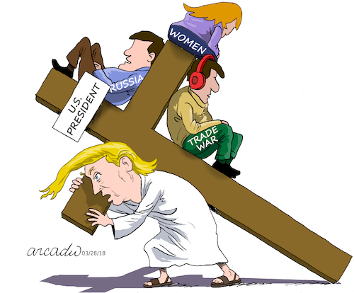 Cartoon: The passion of Trump. (medium) by Cartoonarcadio tagged trump,trade,war,women,russia