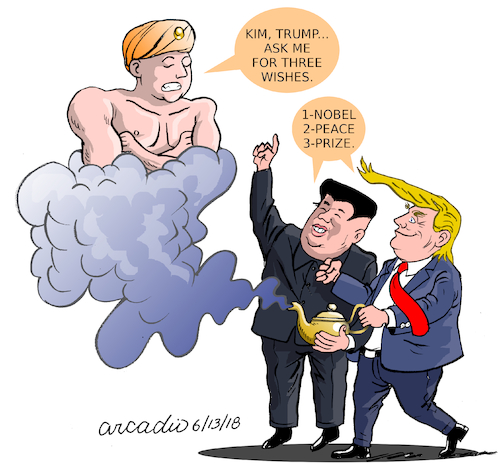Cartoon: The three wishes. (medium) by Cartoonarcadio tagged trump,kim,usa,north,korea,oeace,nobel