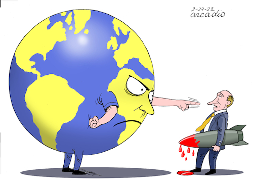 Cartoon: The world is blue and yellow. (medium) by Cartoonarcadio tagged putin,russia,zelensky,ukraine,usa,biden,europe