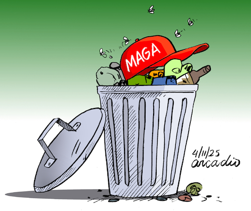 Cartoon: Throwing the MAGA hat in the tra (medium) by Cartoonarcadio tagged trump,maga,economy,trade,war,the