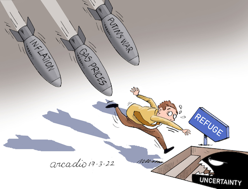 Cartoon: To the refuge. (medium) by Cartoonarcadio tagged war,putin,europe,usa,inflation