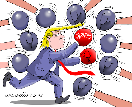 Cartoon: Trade war of Trump. (medium) by Cartoonarcadio tagged trump,tariffs,economy,crisis
