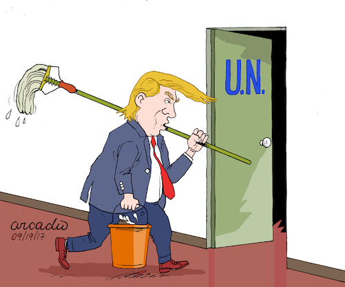 Cartoon: Trump and the UN. (medium) by Cartoonarcadio tagged trump,un,us,president,government,bureaucracy